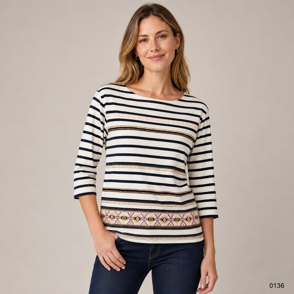 J.Crew Womens Navy Cream Striped Embroidered Boatneck 3/4 Sleeve‎ Top 59784 XS